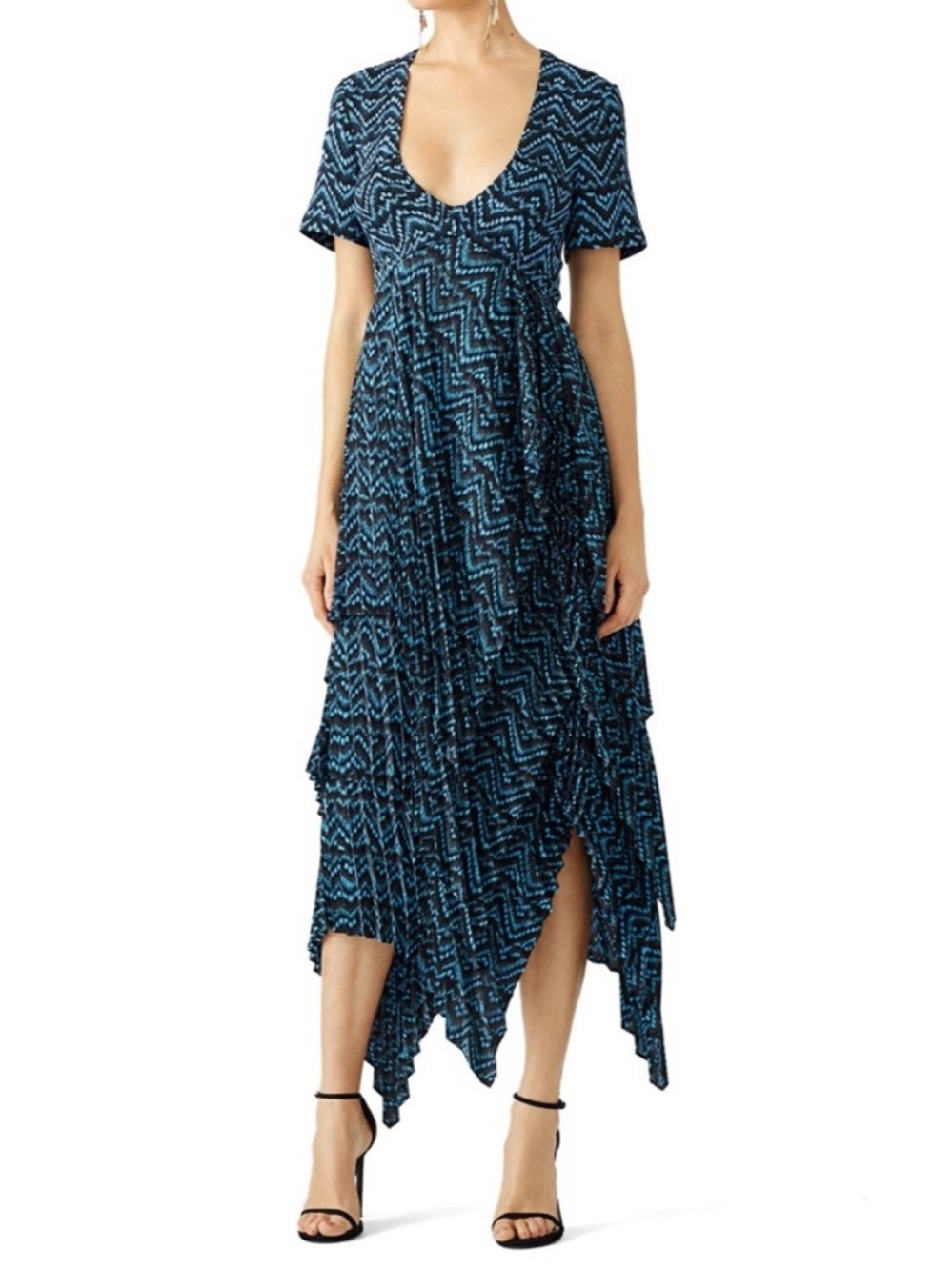 A.L.C. Kylia 100% Silk Maxi Dress in Blue Sz 2 Handkerchief Hem Plunge Like New